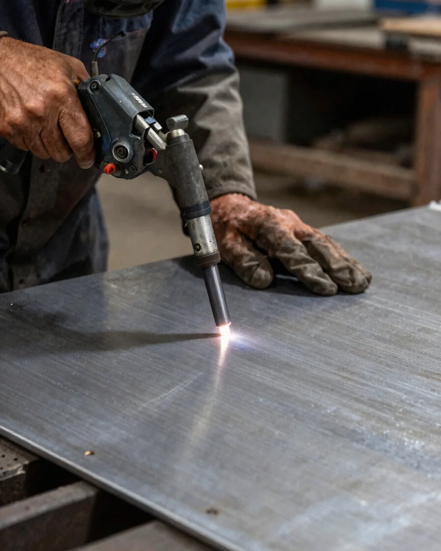 Close detail of hands guiding a steel plate under a cutting torch, protective equipment worn, soft directional workshop