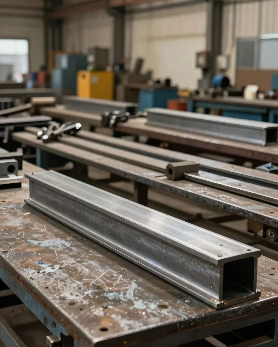 Steel fabrication workshop with cutting and welding tools arrange